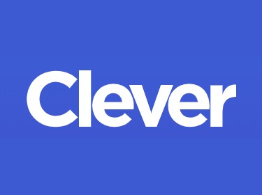 Clever in white with blue background
